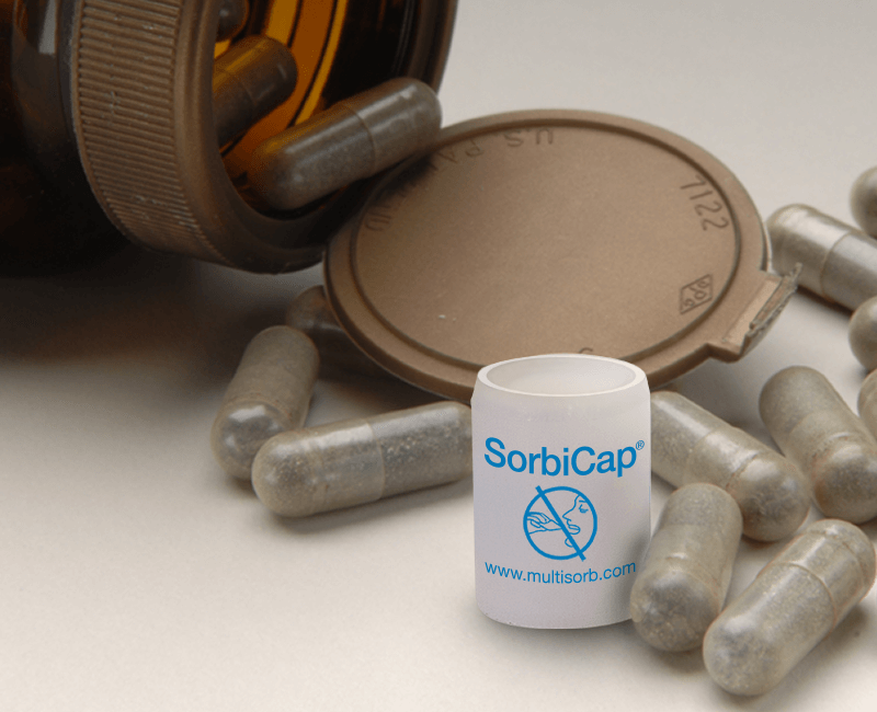 Sorbicap desiccant moisture absorber canister for nutraceuticals